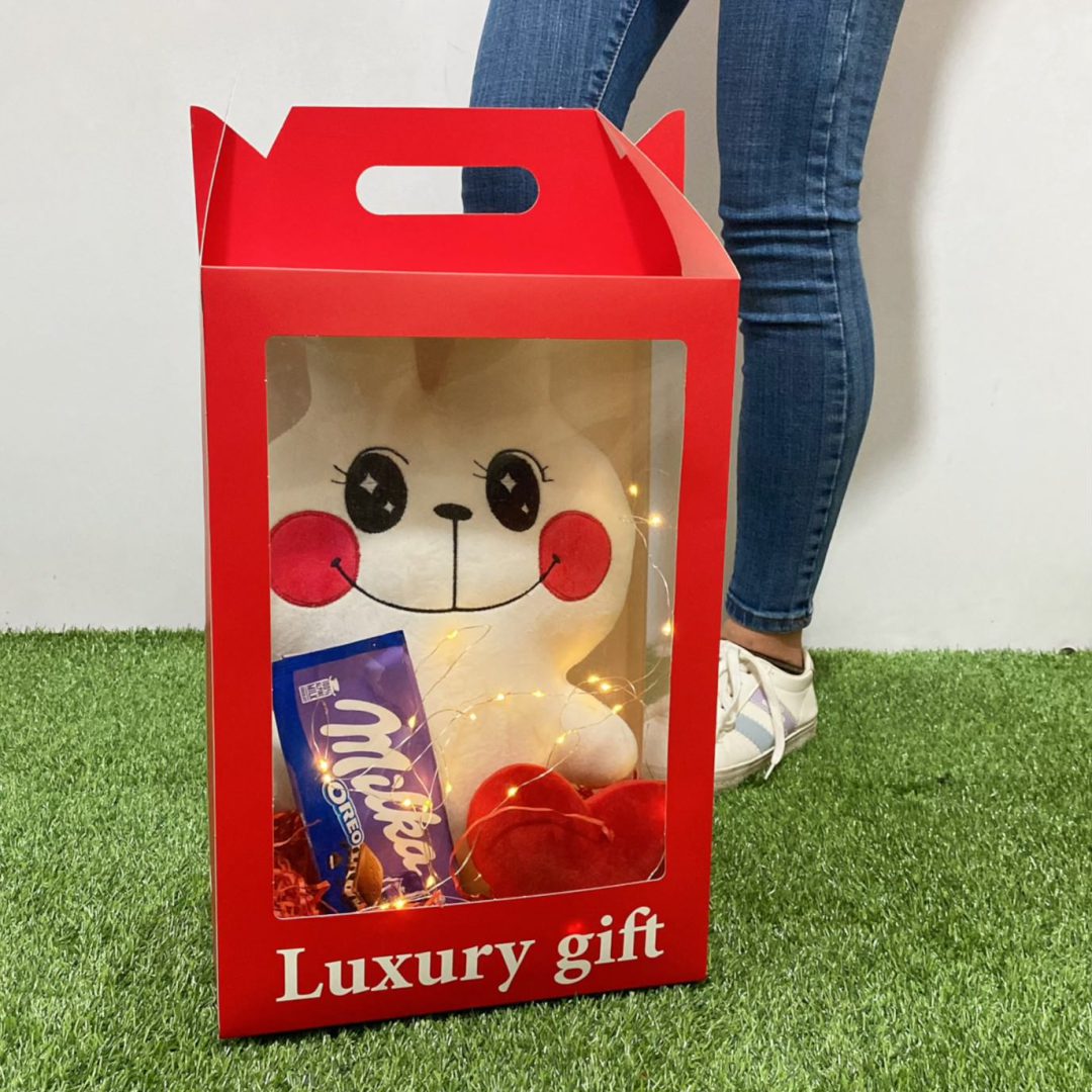 باکس طلقی Luxury Gift (عروسک بزرگ ۴۰ سانتی + ریسه ۳.۵ متری + قلب بزرگ + شکلات میلک + پوشال)
