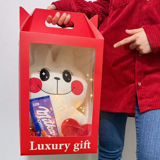 باکس طلقی Luxury Gift (عروسک بزرگ ۴۰ سانتی + ریسه ۳.۵ متری + قلب بزرگ + شکلات میلک + پوشال)